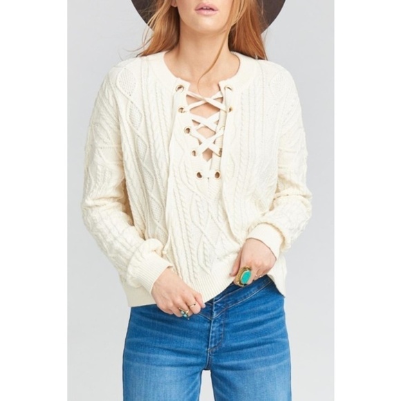 💕SHOW ME YOUR MUMU💕 Joey Lace Up Sweater Snowflake Cable Knit Soft White S NWT - Picture 2 of 8